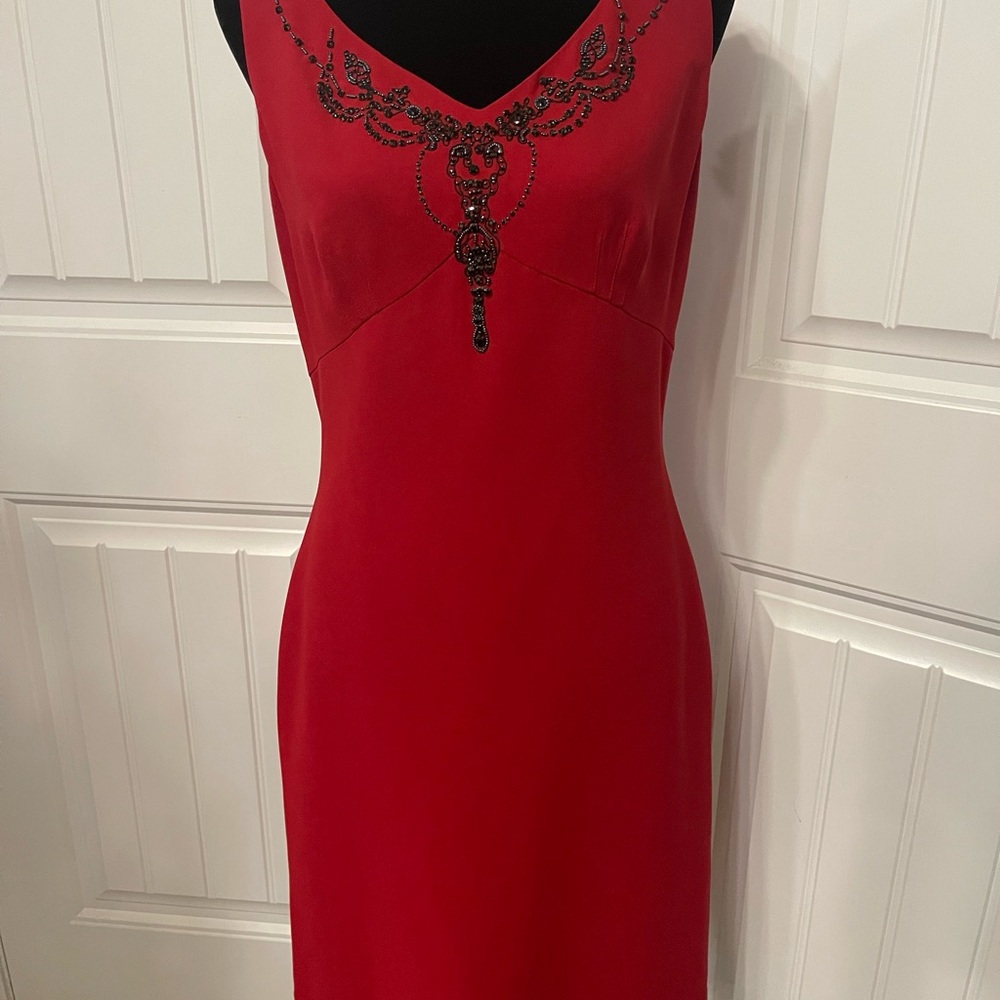 Casual Corner Red Embellished Sheath Midi Dress